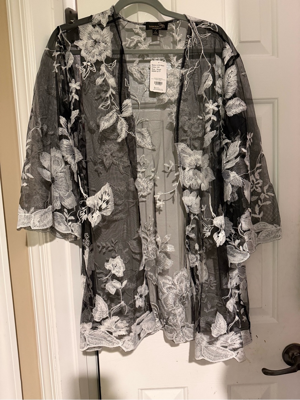 Suzanne Betro Black Sheer Embroidered Floral Kimono
